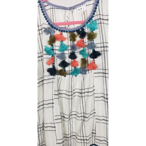 THML Blouse Top M Multicolor Tassle Bodice Check White Black 100% Cotton Boho - Picture 2 of 7